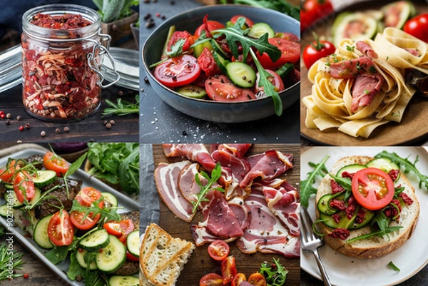 Fototapeta a collage of various food items, including marinated meat, a jar of preserved vegetables, a dish with arugula and sun-dried tomatoes, a plate of pasta, and open-faced sandwiches with tomatoes