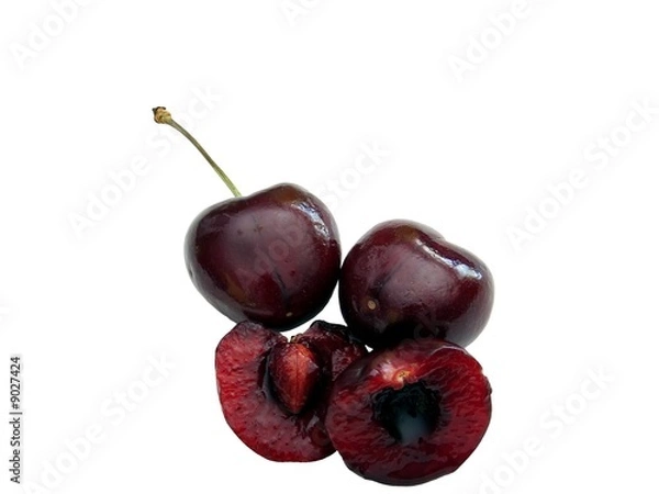 Obraz isolated halved cherries  with pit and stem