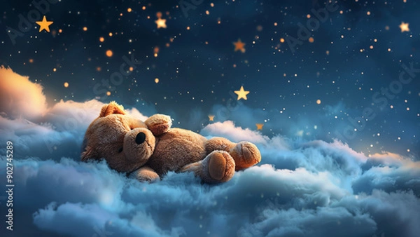 Obraz Plush Teddy Bear Lying on Fluffy Clouds with Starry Background