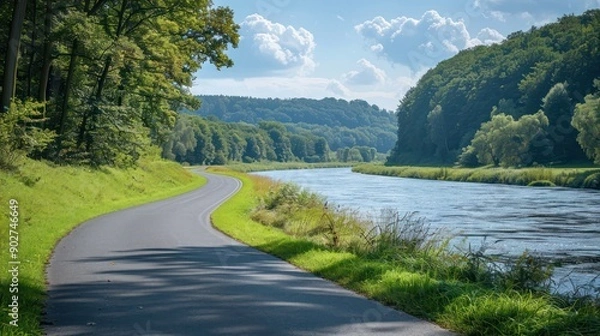 Fototapeta Scenic bike path along a river, ideal for recreational and eco-friendly transport backgrounds.