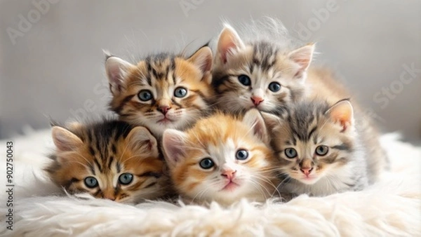 Fototapeta Adorable ball of fluff kittens playing and cuddling on a clean white background with soft focus and warm natural lighting.
