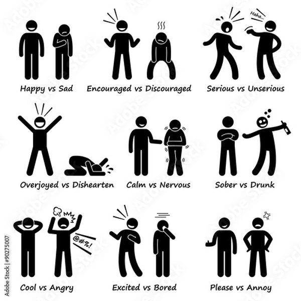 Obraz Naprzeciwko uczuć Emocje Działania pozytywne i negatywne Stick Figure piktogram ikony