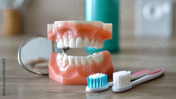 Fototapeta 歯の模型と検査器具のクローズアップ