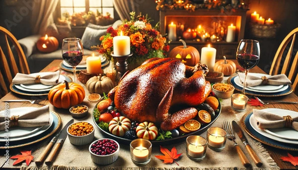 Fototapeta Christmas table with turkey on a festive background. AI Generated