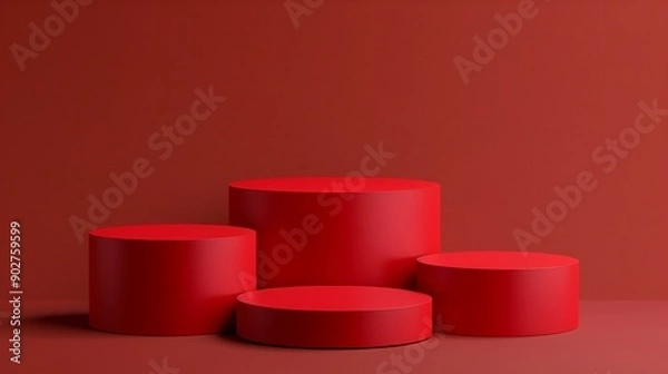 Obraz Four Minimalist Red Toned Round Podiums for Product Presentation on Empty Background. Ideal for E-commerce and Advertising Displays, Showcasing Minimalist Style and Elegance