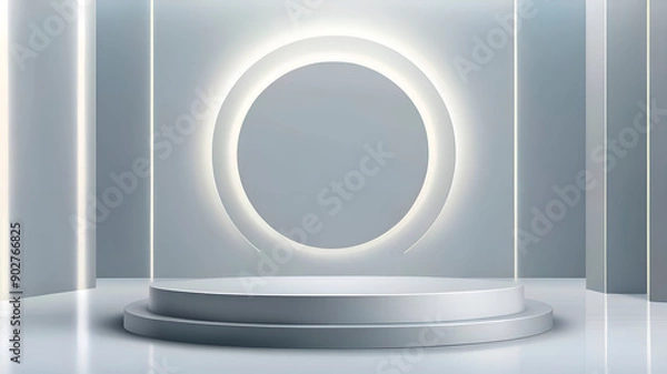 Fototapeta Abstract shine silver cylinder pedestal podium. Sci-fi white empty room concept with semi circle glowing neon lighting. Vector rendering 3d shape