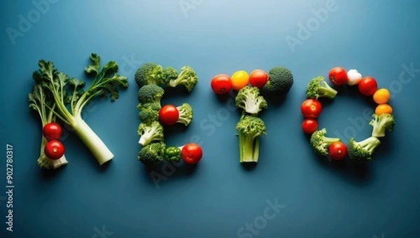 Obraz Keto diet spelled with vegetables on blue background
