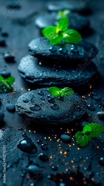 Fototapeta Elegant arrangement of smooth black stones with fresh mint leaves and water droplets, copy space for text