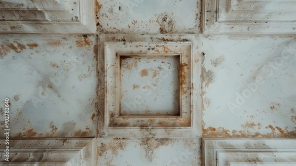 Fototapeta An ancient ceiling with intricate liquid stains and decayed patterns, walls covered in blemishes and mold, atmospheric lighting casting eerie shadows