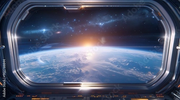 Fototapeta View of Earth from spaceship window with sunrise.