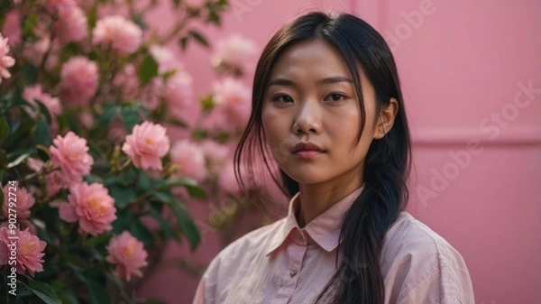 Obraz A young woman with a serene expression stands beside blooming pink flowers, harmonizing with the soft pink tones around her.
