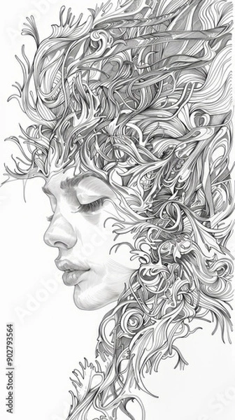 Fototapeta A large profile portrait of a girl with plump lips and closed eyes, drawing with black lines on a white background. The girl's hairstyle looks like a whirlwind of natural elements.