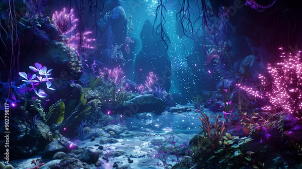 Fototapeta Breathtaking underwater grotto or underwater cave in magical and ethereal atmosphere with luminous vibrant hues of purple and blue