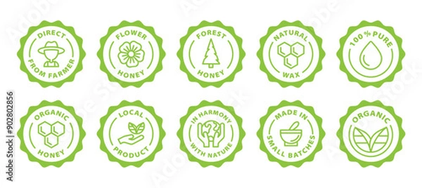 Fototapeta honey bees local farm food black outline icon round rounded circle badge stamp label isolated on transparent background, green stamp set, icon set