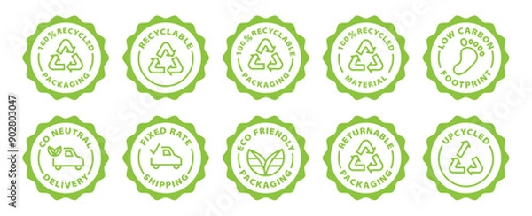 Fototapeta recycling recycled recyclable returnable packaging upcycled fixed rate shipping outline icon round rounded circle badge stamp label isolated on transparent background, green stamp set, icon set