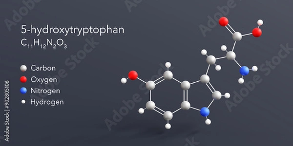 Fototapeta 5-hydroxytryptophan molecule 3d rendering, flat molecular structure with chemical formula and atoms color coding