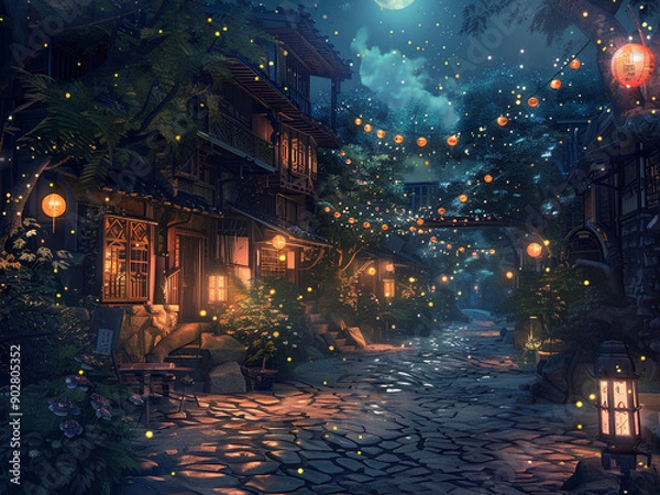 Fototapeta Dreamlike fireflies in a village at night with lanterns and cobblestone streets.