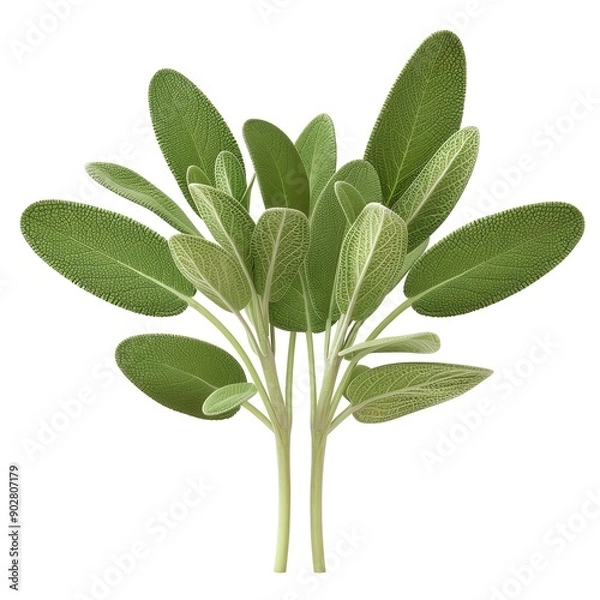 Obraz Close-up of fresh sage herb leaves isolated on white background, perfect for culinary and medicinal purposes.