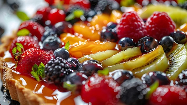 Fototapeta Close-up of a fruit tart with abstract, colorful fruit arrangements and glossy glaze