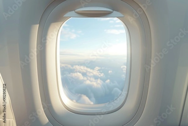 Fototapeta View of clouds and blue sky through an airplane window with seatbelt in place