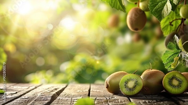 Fototapeta Elegant Podium with Kiwi Under Soft Morning Rays. AI generated illustration