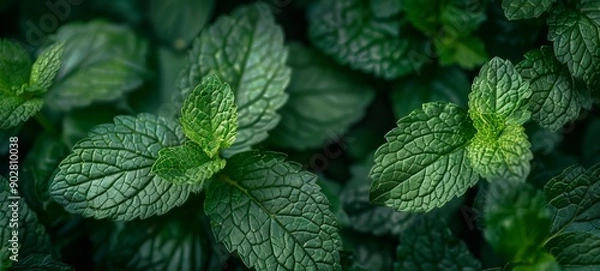Fototapeta Close-up view of fresh lemon balm leaves with detailed textures. The green hues and natural lighting showcase the healthy and organic nature of this aromatic herb.