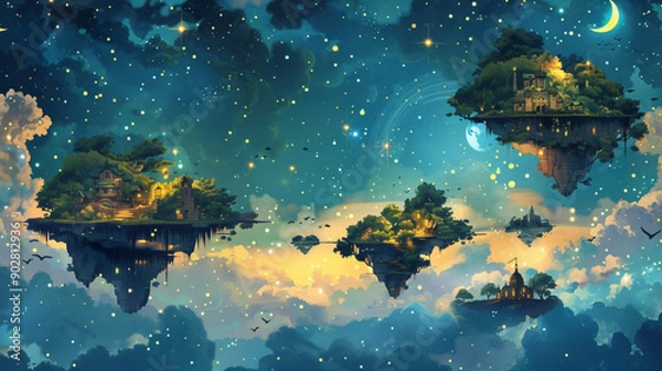 Fototapeta Captivating and dreamlike atmosphere created by islands floating in a breathtaking starry sky