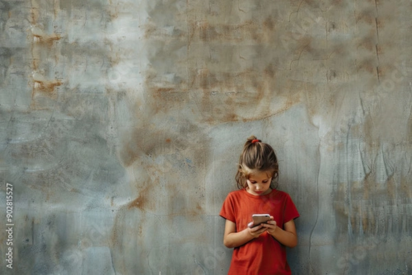 Fototapeta Mobile phone addiction, screen time management child using smart device, staring infant addicted, generated ai