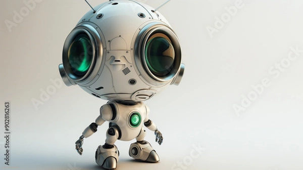 Obraz Small Futuristic Robot Character Standing on a Plain Background in a Well-Lit Studio Setting