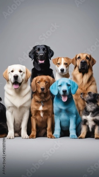 Fototapeta Nine diverse dogs in various sizes and colors captured in a striking portrait each with its unique flair arranged across three rows against a neutral backdrop.