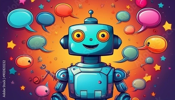 Fototapeta A friendly robot surrounded by colorful speech bubbles.