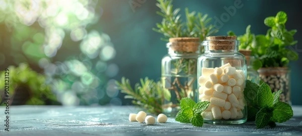 Fototapeta Jars of herb extracts and marshmallows sit on a wooden surface with green herbs, creating a fresh and natural composition. The soft light enhances the organic and clean feel of the scene.