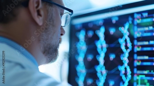 Fototapeta Advancing Healthcare through Genomic Analysis: Doctor Examining Genetic Data for Personalized Medicine