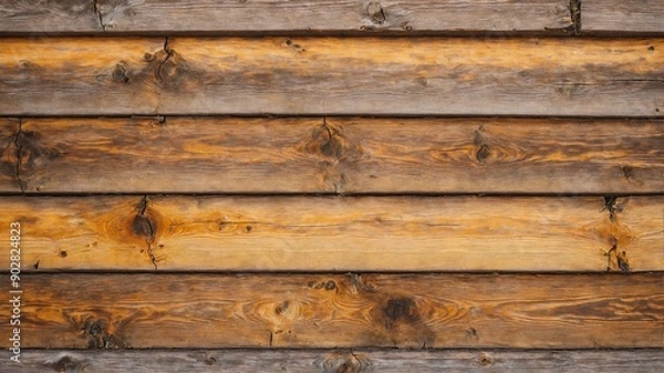 Fototapeta A detailed close-up photograph of a weathered wooden wall composed of horizontal planks. The natural textures, visible knots, and cracks showcase the age and beauty of the wood.