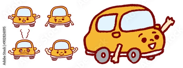 Fototapeta 黄色で小さくかわいく丸っこい自動車のキャラ素材