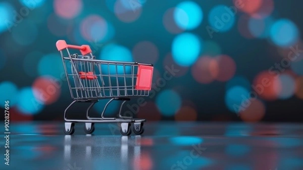 Fototapeta A small shopping cart against a bokeh background, symbolizing online shopping, e-commerce, and retail experiences.