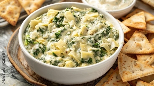 Fototapeta A bowl of creamy spinach and artichoke dip with a side of pita chips.