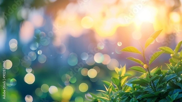 Fototapeta Vibrant green leaves in foreground with soft, dreamy bokeh background of golden sunlight filtering through trees, creating a magical nature scene.