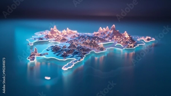 Fototapeta Glowing Zealandia Map with Sharp Edges and Dark Contrast Illuminated by Neon Lights
