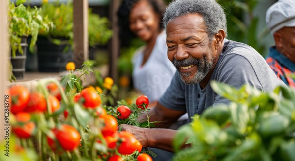 Fototapeta A man with a gray beard happily tends to tomato plants in a community garden He is surrounded by lush greenery and ripe tomatoes,community and shared activity