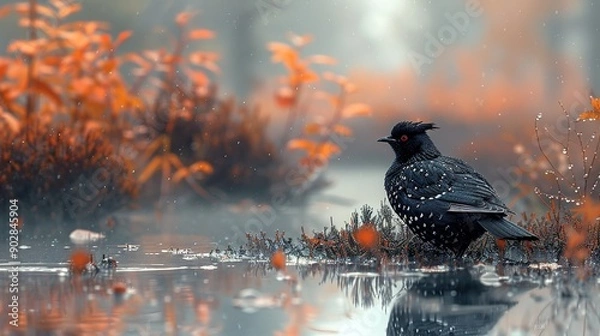 Fototapeta A serene dark bird with a spiked crest, standing by calm waters surrounded by lush autumn foliage; the scene captures a tranquil and reflective moment in nature.