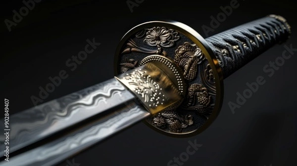 Fototapeta This katana displays intricate craftsmanship, featuring a beautifully designed hilt and a blade showcasing traditional Japanese artistry