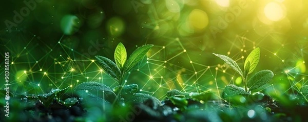 Fototapeta Green Shoots Connected by Glowing Lines in a Natural Setting