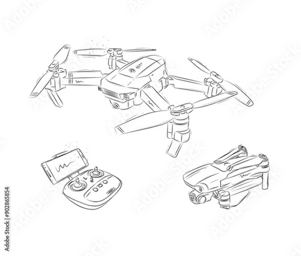Fototapeta Drone quadcopter in folded and unfolded form and controller for remote control drone drawn in white on blue background