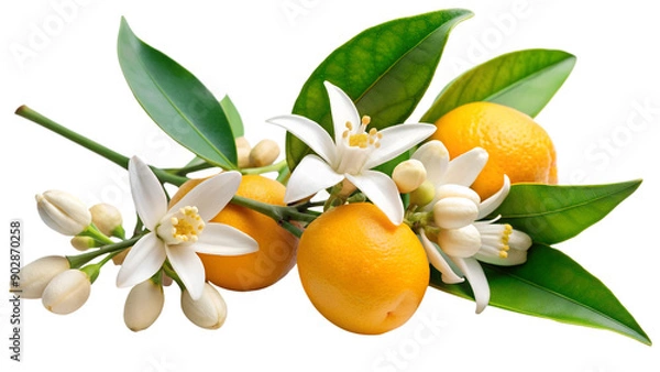 Fototapeta Twig of Neroli citrus with blossom and fruits isolated on white transparent background, cut out png element. Citrus aurantium neroli