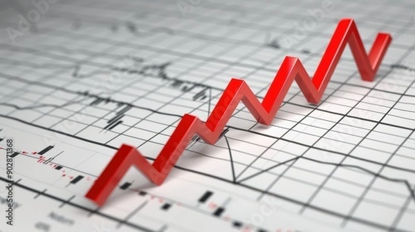 Fototapeta Red arrow is growing on a statistical chart, representing a positive trend in a financial market. This image could be useful for illustrating business growth