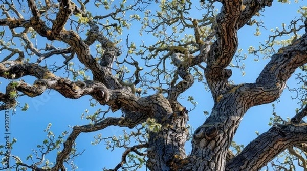 Fototapeta Closeup of a oak tree trunk with many branches against a blue sky