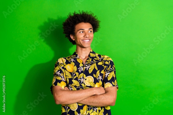 Fototapeta Photo of positive guy crossing arms look profile side empty space isolated green color background