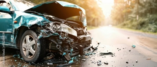 Obraz Crushed front end of a car against a tree, severe impact, singlevehicle accident