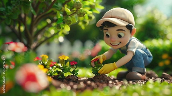 Fototapeta A gardener planting new shrubs in a garden. Animated character, C4D model rendering, 3D rendering - Generative AI